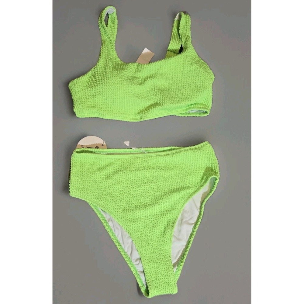 Anrabess NEW Women's 2 piece Swimsuit Green Ribbed High Waisted Size MEDIUM